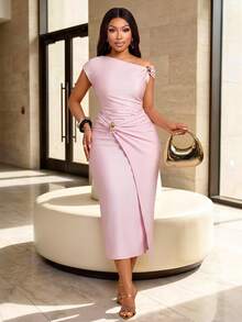 Brilight Gaun Elegan dengan Bahu Terbuka, Gaun Pensil dengan Hiasan Logam dan Detail Kerut, Gaun Koktail, Gaun Formal untuk Acara Kerja, Gaun Pernikahan, Warna Merah Muda Pucat, Musim Panas - Baby Pink - View 8