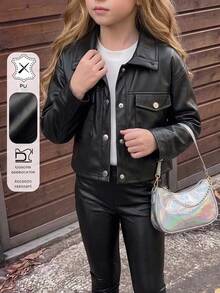 SHEIN 少女編織素色PU皮革休閒夾克 - 彩色 - 查看 3