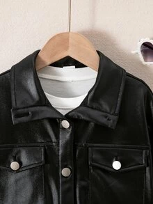SHEIN 少女編織素色PU皮革休閒夾克 - 彩色 - 查看 9