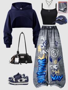 SHEIN Tween女孩休閒街頭風秋季套裝 3件組，連帽衛衣、丹寧效果寬鬆長褲、短版細肩帶背心上衣 - 藏蓝色 - 查看 4