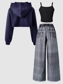 SHEIN Tween女孩休閒街頭風秋季套裝 3件組，連帽衛衣、丹寧效果寬鬆長褲、短版細肩帶背心上衣 - 藏蓝色 - 查看 6