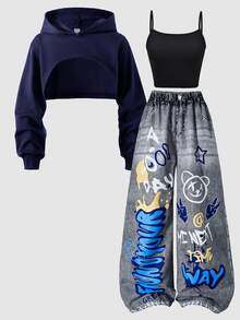 SHEIN Tween女孩休閒街頭風秋季套裝 3件組，連帽衛衣、丹寧效果寬鬆長褲、短版細肩帶背心上衣 - 藏蓝色 - 查看 7