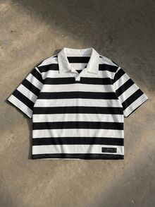 SWAVVY 男士休闲宽松短袖黑白拼接 Polo 衫 - 黑與白 - 查看 2