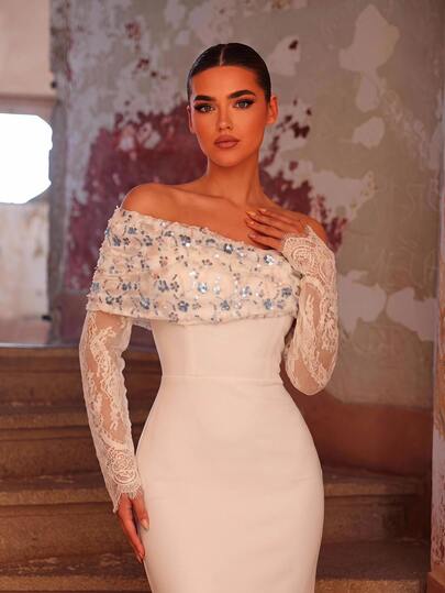 Aureia Elegant Romantic Fashionable Graceful Apricot Elastic Fabric Lace Patchwork Pleated Decor Long Sleeve Mermaid Hemline Elegant Party Dress Wedding Guest Dress Bachelorette Party Dress Formal Evening Gown Bridesmaid Dress