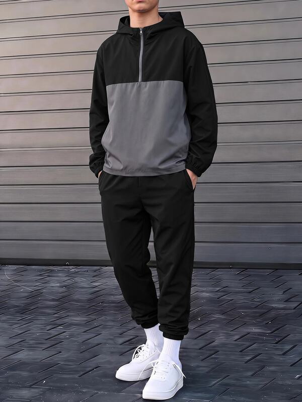 Teen Boy Half-Zip Hooded Jacket And Jogger Pants 2 Pieces Set, Casual Sports Style For Autumn/Winter, Christmas, Thanksgiving, Winter Clothes, Long Sleeve Top
