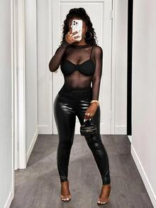 BamGleam Women Black Summer See-Through Mesh Slim Fit Long Sleeve Top, Sheer Stand Collar Plain Plain Top For Techno,Concert,Rave,Spring/Fall Casual Wear - Black - View 5