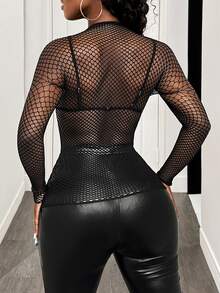 BamGleam Women Black Summer See-Through Mesh Slim Fit Long Sleeve Top, Sheer Stand Collar Plain Plain Top For Techno,Concert,Rave,Spring/Fall Casual Wear - Black - View 3
