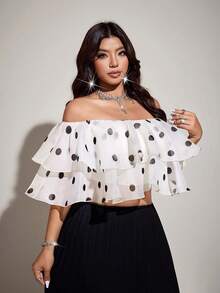Viva Relle Plus Size Women's Polka Dot Mesh Off-Shoulder Double Ruffle Hem Crop Top, Suitable For Party & Date - Apricot - View 6