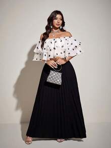 Viva Relle Plus Size Women's Polka Dot Mesh Off-Shoulder Double Ruffle Hem Crop Top, Suitable For Party & Date - Apricot - View 5
