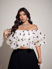 Viva Relle Plus Size Women's Polka Dot Mesh Off-Shoulder Double Ruffle Hem Crop Top, Suitable For Party & Date - Apricot - View 3