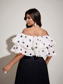 Viva Relle Plus Size Women's Polka Dot Mesh Off-Shoulder Double Ruffle Hem Crop Top, Suitable For Party & Date - Apricot - View 2