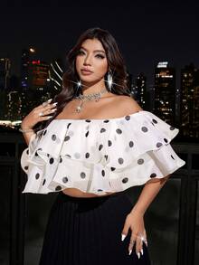 Viva Relle Plus Size Women's Polka Dot Mesh Off-Shoulder Double Ruffle Hem Crop Top, Suitable For Party & Date - Apricot - View 1