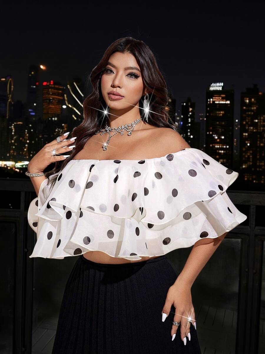 Viva Relle Plus Size Women's Polka Dot Mesh Off-Shoulder Double Ruffle Hem Crop Top, Suitable For Party & Date - Apricot - View 1