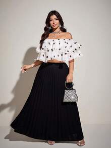 Viva Relle Plus Size Women's Polka Dot Mesh Off-Shoulder Double Ruffle Hem Crop Top, Suitable For Party & Date - Apricot - View 4