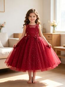 SHEIN Glamorique Kids 可愛女孩公主禮服 紅色 嬰兒 秋冬款 婚禮生日派對 花童裙 網紗亮片刺繡花卉設計 - 酒紅色 - 查看 1
