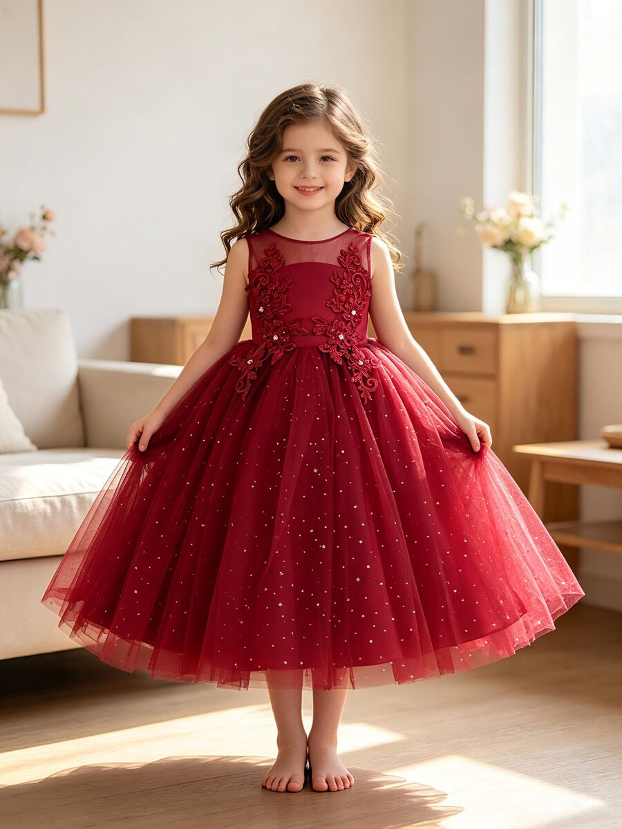 SHEIN Glamorique Kids 可愛女孩公主禮服 紅色 嬰兒 秋冬款 婚禮生日派對 花童裙 網紗亮片刺繡花卉設計 - 酒紅色 - 查看 1
