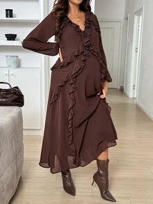 SHEIN Maternity Solid Color V-Neck Ruffle Hem Casual Party Dress Fall Wedding Photoshoot Baby Shower Party Wedding Formal Dress Luxury Evening Cute Chic - Brown - View 5