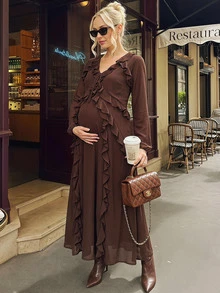 SHEIN Maternity Solid Color V-Neck Ruffle Hem Casual Party Dress Fall Wedding Photoshoot Baby Shower Party Wedding Formal Dress Luxury Evening Cute Chic - Brown - View 3