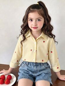 SHEIN Genkimix Kids 女童春夏粉色條紋草莓襯衫，簡約俏皮，時尚百搭，適合日常穿著與外出 - 黃色 - 查看 1