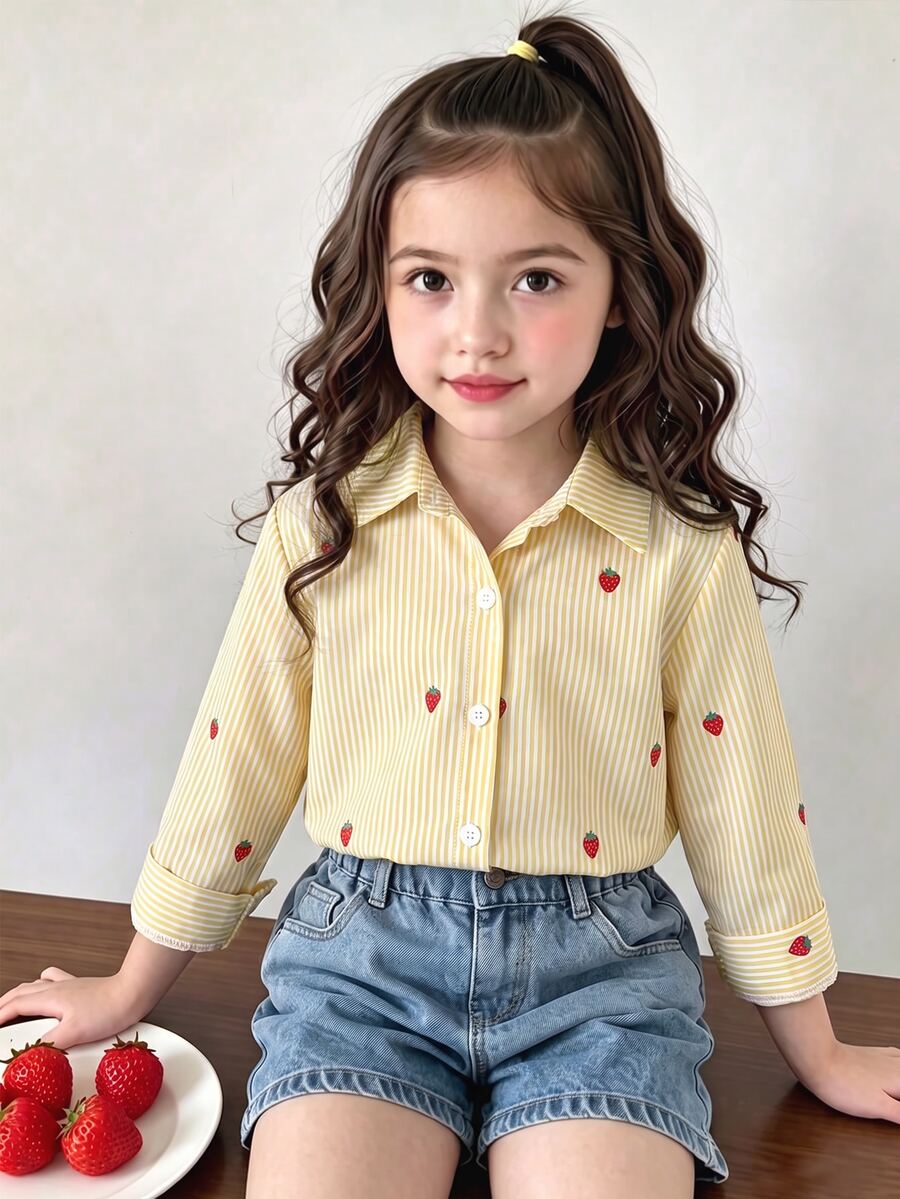 SHEIN Genkimix Kids 女童春夏粉色條紋草莓襯衫,簡約俏皮,時尚百搭,適合日常穿著與外出 - 黃色 - 查看 1