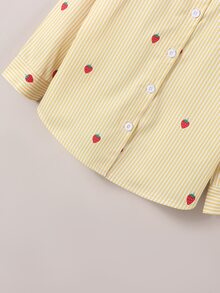 SHEIN Genkimix Kids 女童春夏粉色條紋草莓襯衫，簡約俏皮，時尚百搭，適合日常穿著與外出 - 黃色 - 查看 8