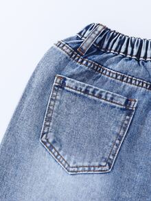 SHEIN Teen Girl Retro Fashion Street Style Elastic Waist Button Front Black Bow Decor Love Patch Embroidered Wide Leg Denim Pants Autumn Fall - Light Wash - View 7