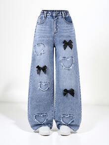 SHEIN Teen Girl Retro Fashion Street Style Elastic Waist Button Front Black Bow Decor Love Patch Embroidered Wide Leg Denim Pants Autumn Fall - Light Wash - View 5