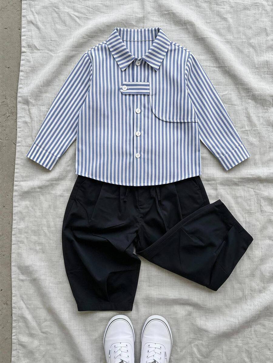 SHEIN Kids Young Boy Casual Korean Style Versatile Cargo Pocket Blue And White Striped Woven White Long Sleeve Shirt Suitable For School, Garden, Beach, Birthday Spring Summer Autumn Winter Boys Shirts - Blue and White - View 1