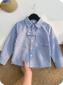 SHEIN Kids Young Boy Casual Korean Style Versatile Cargo Pocket Blue And White Striped Woven White Long Sleeve Shirt Suitable For School, Garden, Beach, Birthday Spring Summer Autumn Winter Boys Shirts - Blue and White - View 4