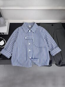 SHEIN Kids Young Boy Casual Korean Style Versatile Cargo Pocket Blue And White Striped Woven White Long Sleeve Shirt Suitable For School, Garden, Beach, Birthday Spring Summer Autumn Winter Boys Shirts - Blue and White - View 3