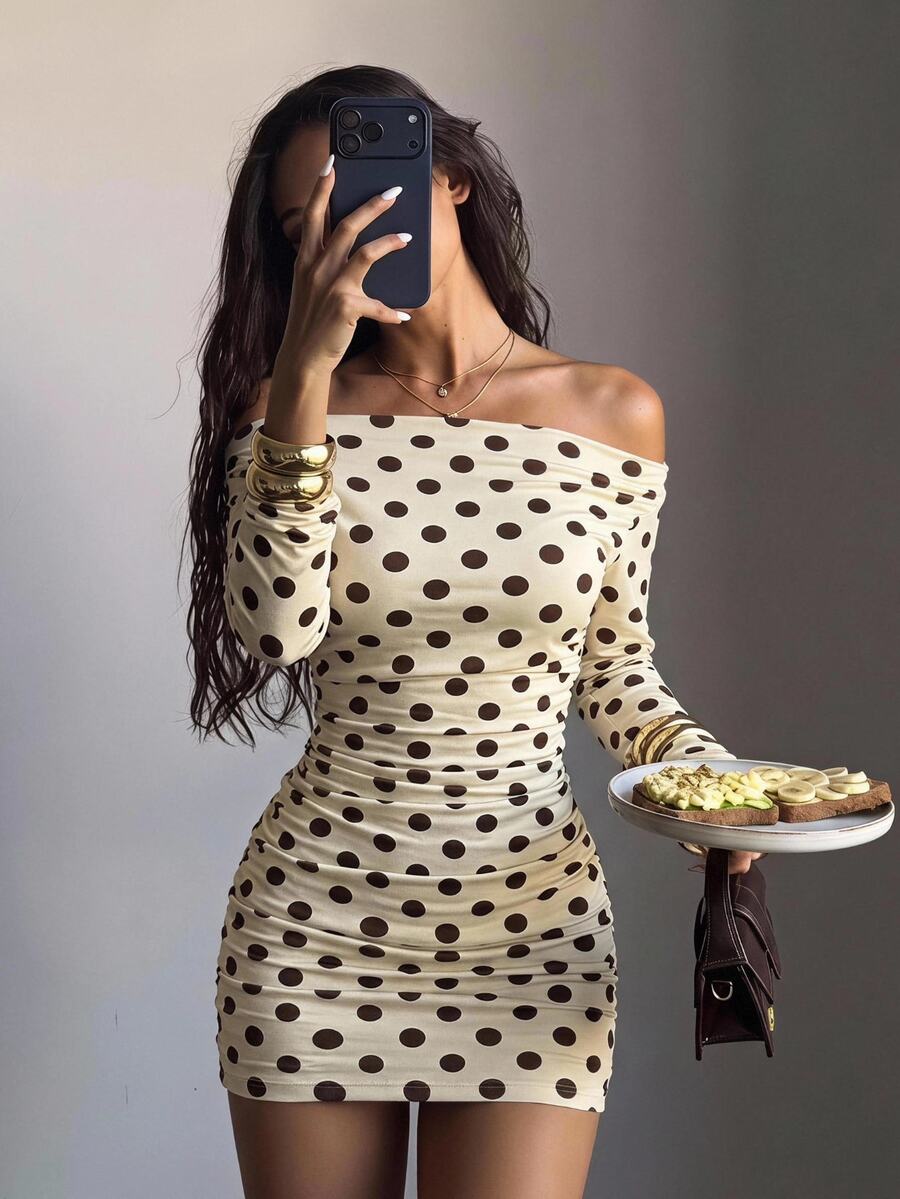 SHEIN EZwear 女款優雅法式波點不對稱領褶皺性感洋裝 - 黃色 - 查看 1