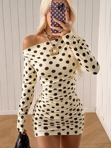 SHEIN EZwear 女款優雅法式波點不對稱領褶皺性感洋裝 - 黃色 - 查看 6