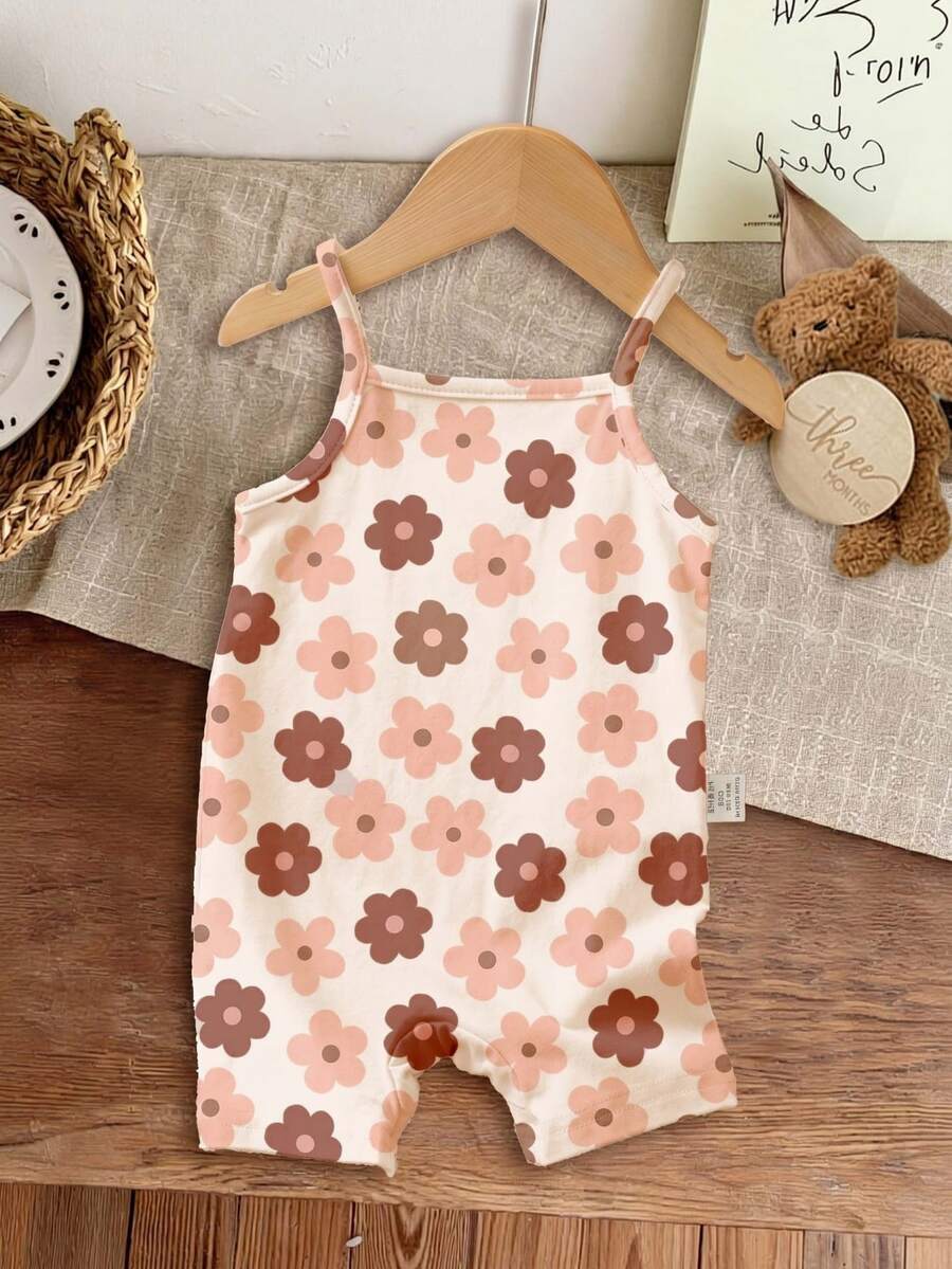 SHEIN LMoss Kids 女嬰休閒可愛無袖連身褲，適合新生女寶寶，花卉米色復古風條紋夏季款，巧克力棕、嬰兒粉、白色 - 彩色 - 查看 1