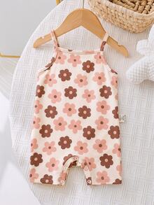 SHEIN LMoss Kids 女嬰休閒可愛無袖連身褲，適合新生女寶寶，花卉米色復古風條紋夏季款，巧克力棕、嬰兒粉、白色 - 彩色 - 查看 4