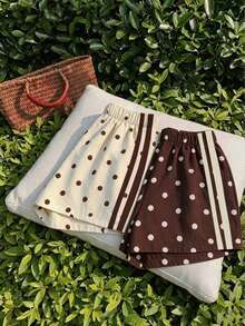 2pc Tween Girl Elastic Waist Beige Brown Polka Dot Polka Dot Print Casual Streetwear Cute Shorts Back-To-School School Summer Back-To-School Randow - Multicolor - View 2