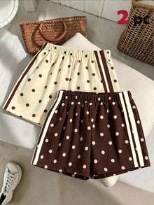 2pc Tween Girl Elastic Waist Beige Brown Polka Dot Polka Dot Print Casual Streetwear Cute Shorts Back-To-School School Summer Back-To-School Randow - Multicolor - View 5