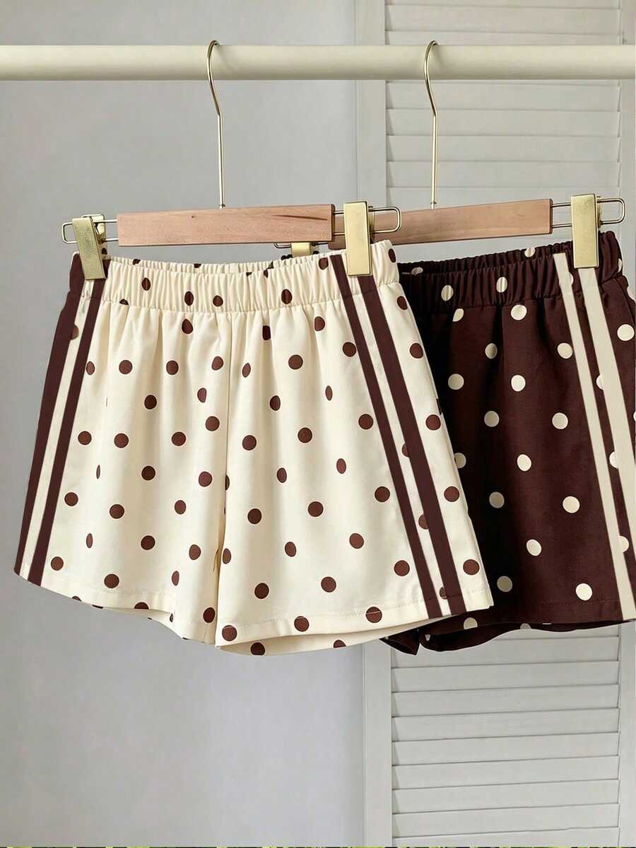 2pc Tween Girl Elastic Waist Beige Brown Polka Dot Polka Dot Print Casual Streetwear Cute Shorts Back-To-School School Summer Back-To-School Randow - Multicolor - View 1