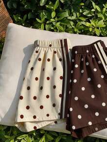 2pc Tween Girl Elastic Waist Beige Brown Polka Dot Polka Dot Print Casual Streetwear Cute Shorts Back-To-School School Summer Back-To-School Randow - Multicolor - View 4