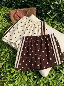 2pc Tween Girl Elastic Waist Beige Brown Polka Dot Polka Dot Print Casual Streetwear Cute Shorts Back-To-School School Summer Back-To-School Randow - Multicolor - View 6