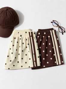2pc Tween Girl Elastic Waist Beige Brown Polka Dot Polka Dot Print Casual Streetwear Cute Shorts Back-To-School School Summer Back-To-School Randow - Multicolor - View 3