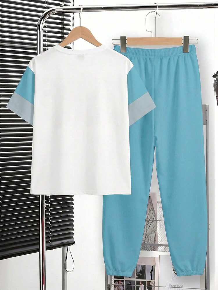 Tween Boy Casual Comfortable Kids Fashion Minimalist Crew Neck Short Sleeve Long Pants T-Shirt Set - White - View 4