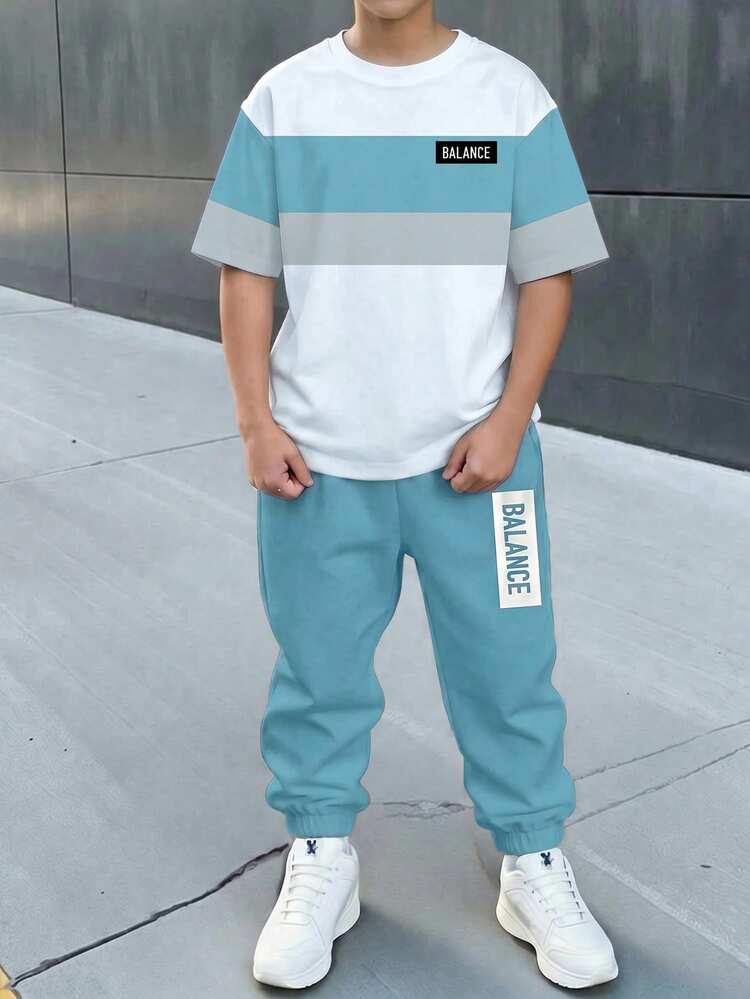 Tween Boy Casual Comfortable Kids Fashion Minimalist Crew Neck Short Sleeve Long Pants T-Shirt Set - White - View 2