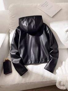 SHEIN 青少年女孩秋冬時尚 PU皮革短款機車夾克 - 黑色 - 查看 3