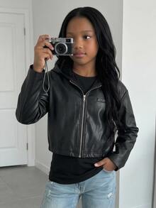 SHEIN 青少年女孩秋冬時尚 PU皮革短款機車夾克 - 黑色 - 查看 6