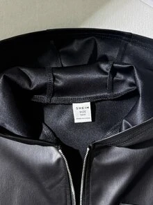 SHEIN 青少年女孩秋冬時尚 PU皮革短款機車夾克 - 黑色 - 查看 4