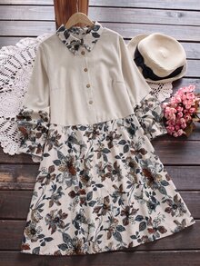 Rusticease Plus Size Floral Print Button Long Sleeve Vacation Dress Fall - Apricot - View 4