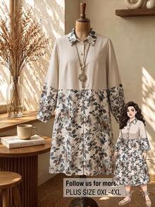 Rusticease Plus Size Floral Print Button Long Sleeve Vacation Dress Fall - Apricot - View 1