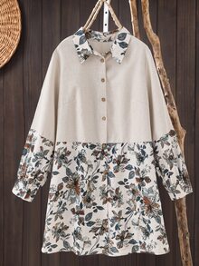 Rusticease Plus Size Floral Print Button Long Sleeve Vacation Dress Fall - Apricot - View 3
