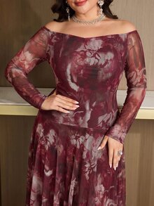 Modelyn Plus Size Women Floral Print Off-Shoulder Long Sleeve Elegant Dress - Burgundy - View 3