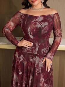 Modelyn Plus Size Women Floral Print Off-Shoulder Long Sleeve Elegant Dress - Burgundy - View 7